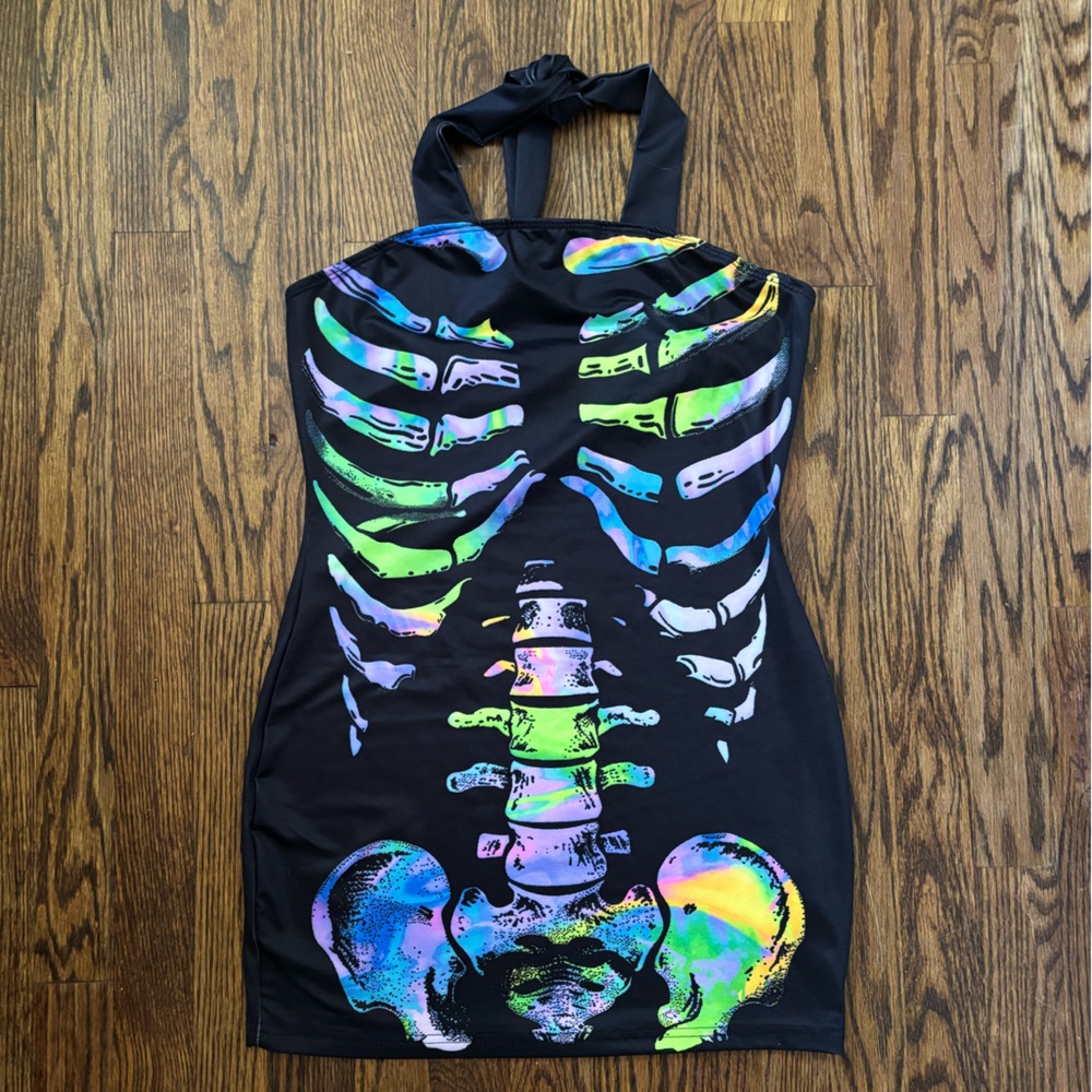 SOLD Colorful Rainbow Skeleton Print Halter Mini Dress